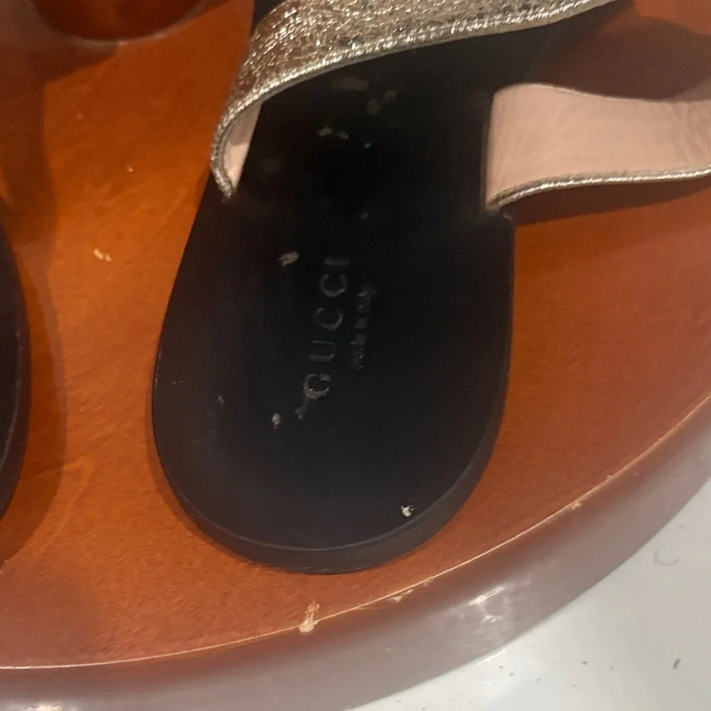 Gucci Black Footbed Sandals with Gold Metallic Straps